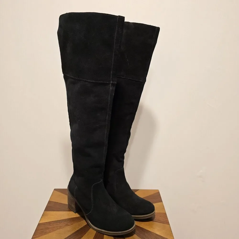Lucky Brand Rayla Boots Black Suede Over The Knee Heeled 8.5 Womens Western Boho